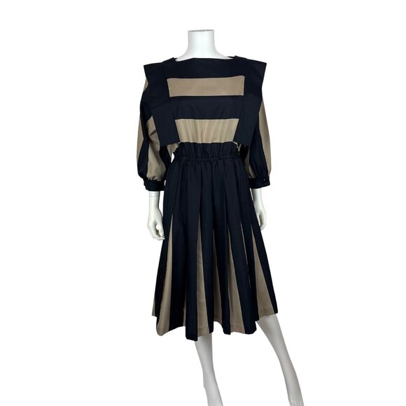 Vintage 80s Striped Dress Womens Medium Architectural Black Tan Thick Stripes - Picture 2 of 10